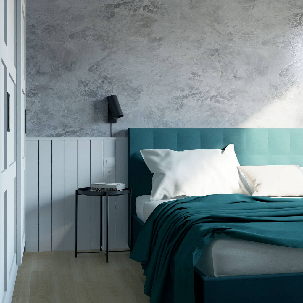modrozelený byt, moderní ložnice s betonovou stěrkou na stěně