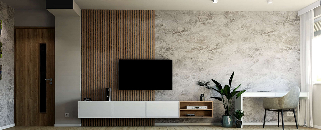 úzký obývací pokoj v panelovém domě, betonová stěrka, dřevěné lamely