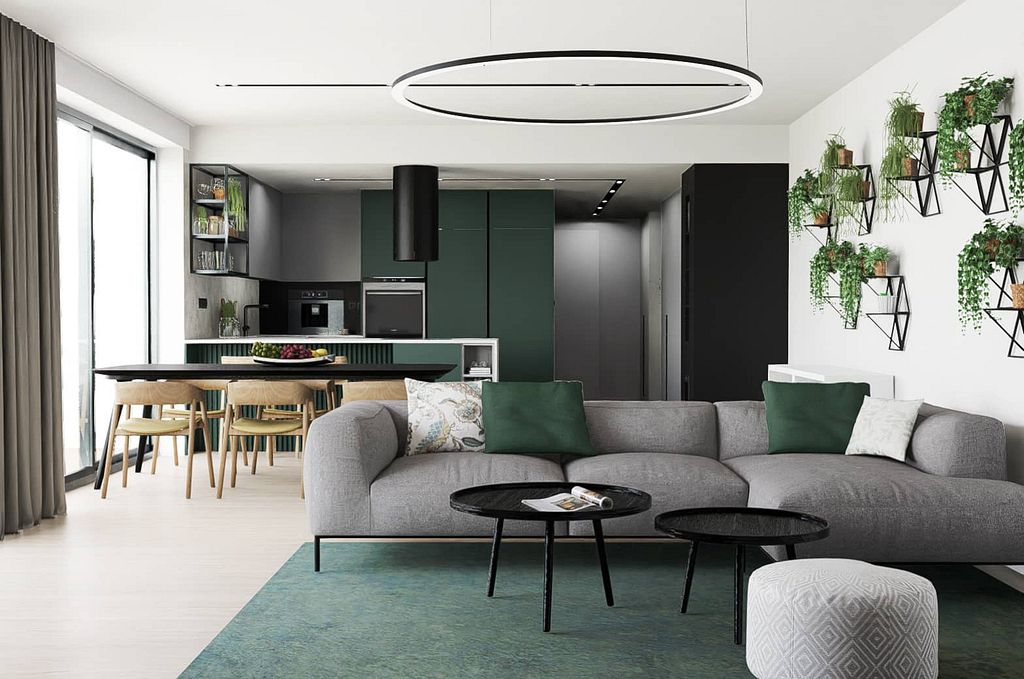 moderní obývací pokoj do zelené