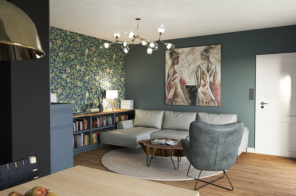 obyvaci pokoj s tapetou v anglickem stylu, interiér inspirovaný anglickým stylem, barevné tapety, dekorativní lišty, profilování, Interiér inspirovaný anglickým stylem