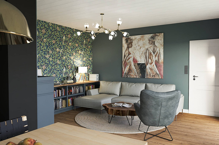 obyvaci pokoj s tapetou v anglickem stylu, interiér inspirovaný anglickým stylem, barevné tapety, dekorativní lišty, profilování, Interiér inspirovaný anglickým stylem
