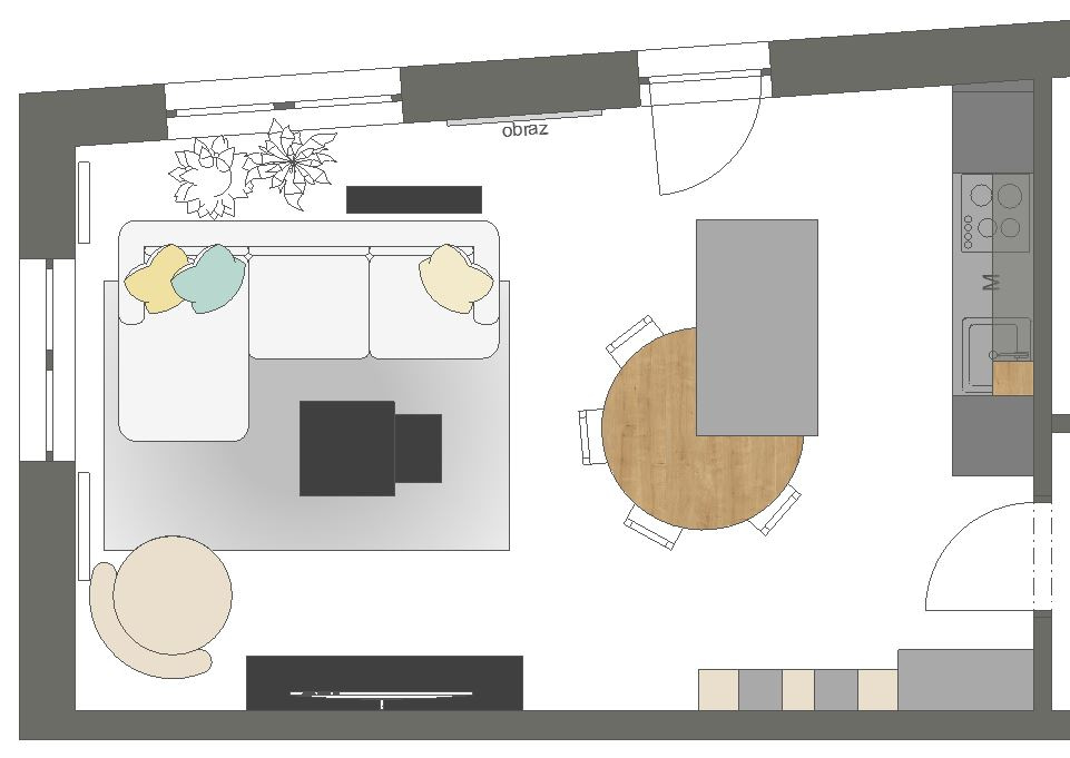 pánský byt, obývací pokoj s černou kuchyní s betonovou stěrkou, Ing. arch. Ivana Volková, Architektiv,