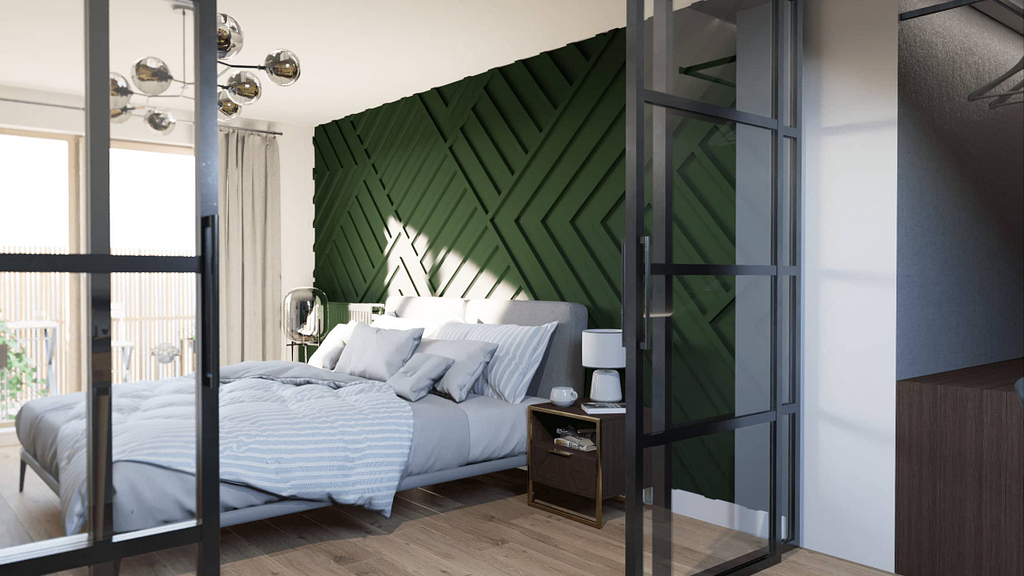 moderní ložnice v podkroví s 3D stěnou a velkým množstvím úložního prostoru