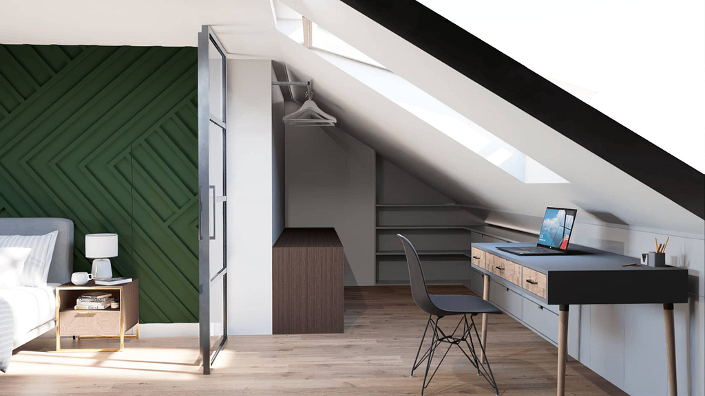 moderní ložnice v podkroví s 3D stěnou a velkým množstvím úložního prostoru