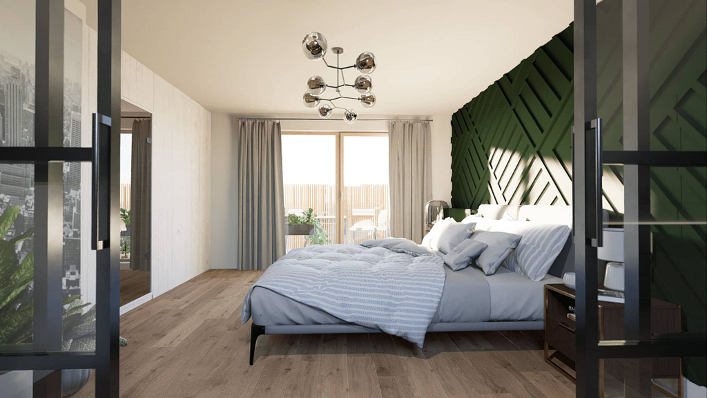 moderní ložnice v podkroví s 3D stěnou a velkým množstvím úložního prostoru