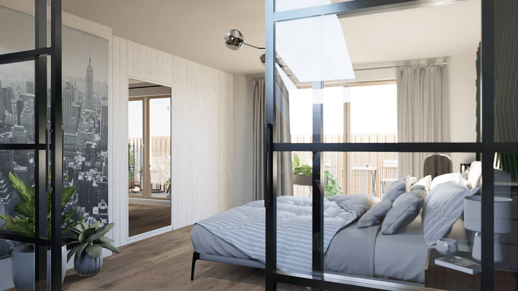 moderní ložnice v podkroví se saunou a velkým množstvím úložního prostoru