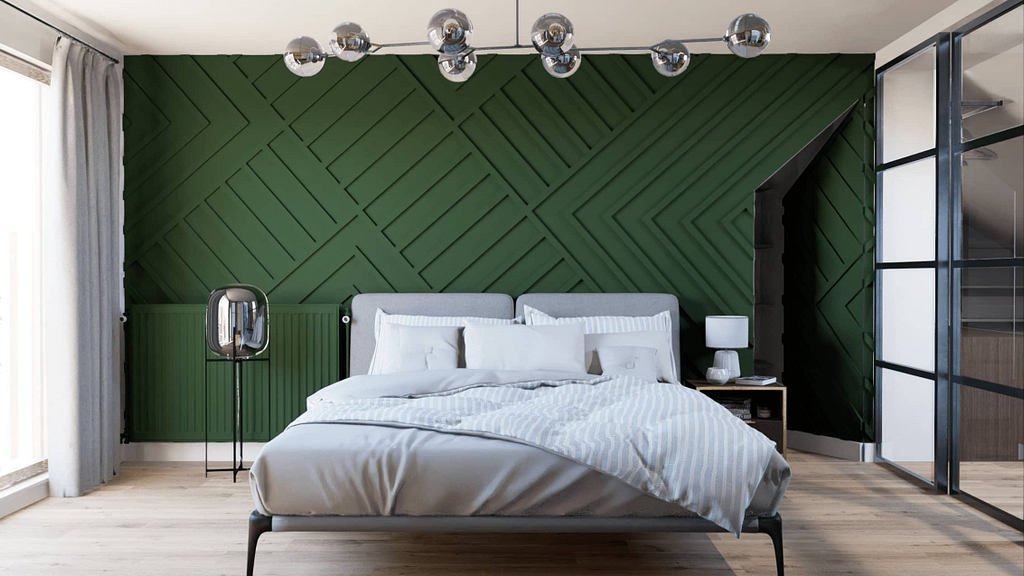 moderní ložnice v podkroví s 3D stěnou a velkým množstvím úložního prostoru