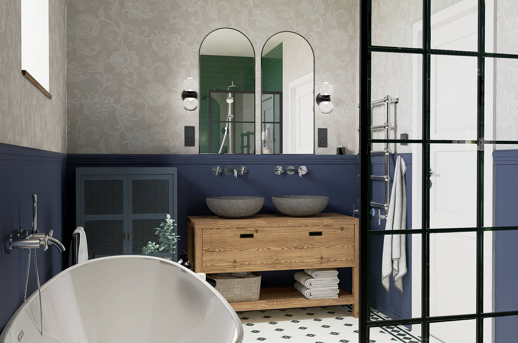 koupelna v anglickem stylu s umyvadly na desce a tepetami na stene