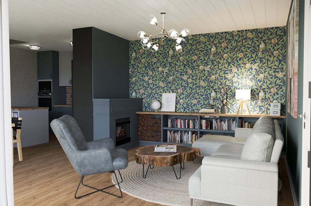 obyvaci pokoj s tapetou v anglickem stylu