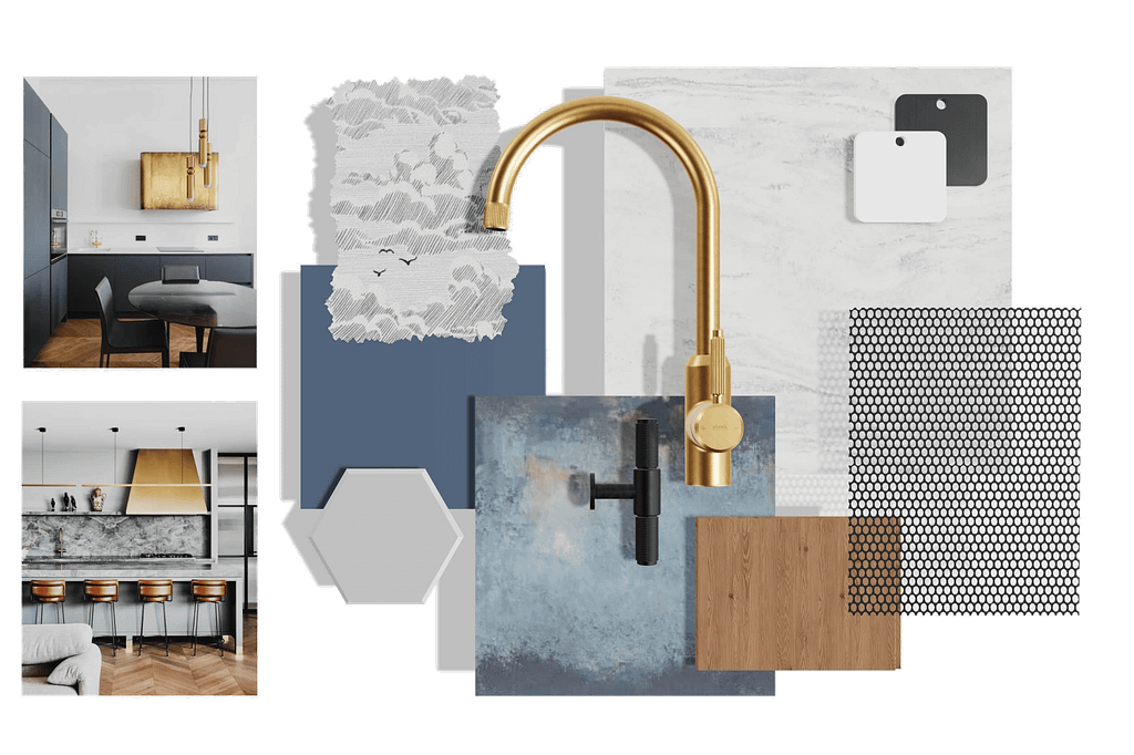 Modrá kuchyň se zlatými detaily , moderni odvazna a netradicni kuchyn, antic mirror, abstraktni sterka, zlata digestor, moodboard