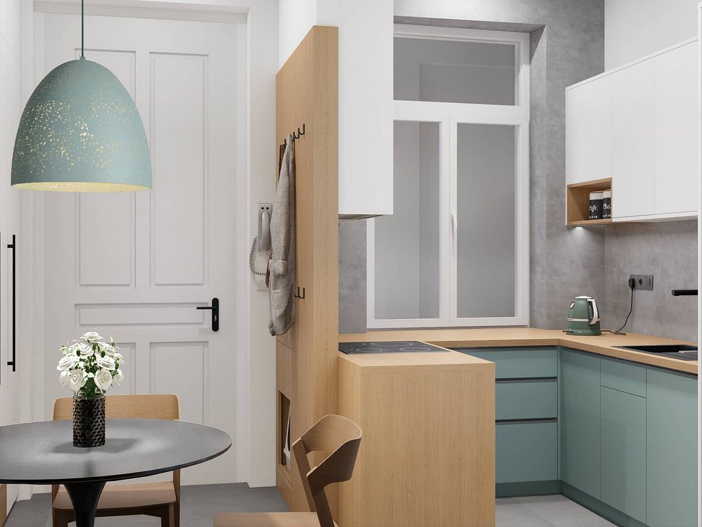 moderní světle zelený byt, světle zelená kuchyň s jídelnou