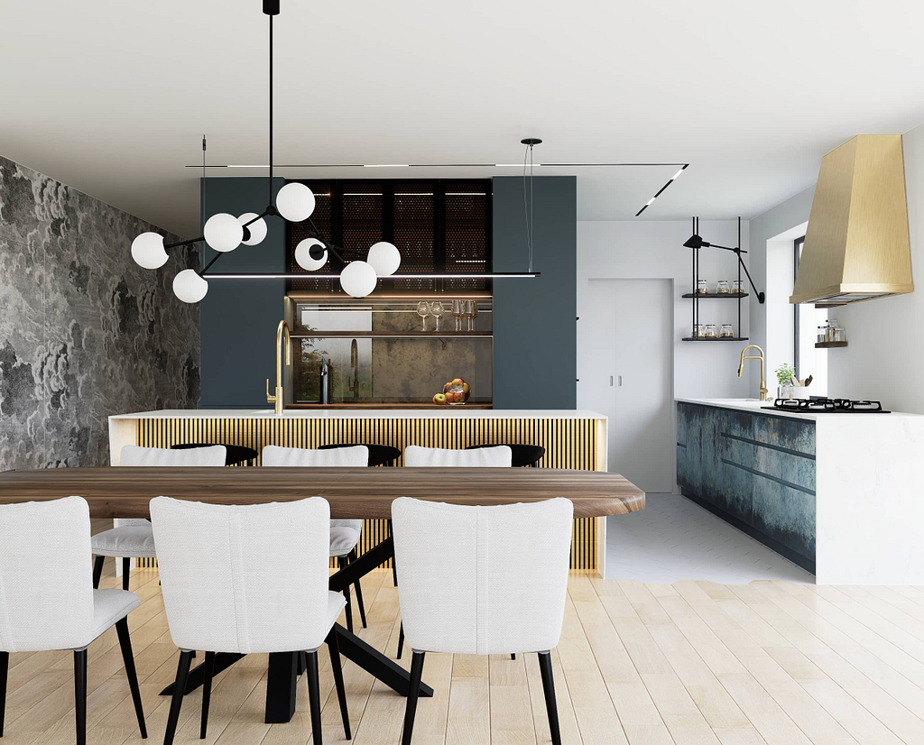 Modrá kuchyň se zlatými detaily , moderni odvazna a netradicni kuchyn, antic mirror, abstraktni sterka, zlata digestor