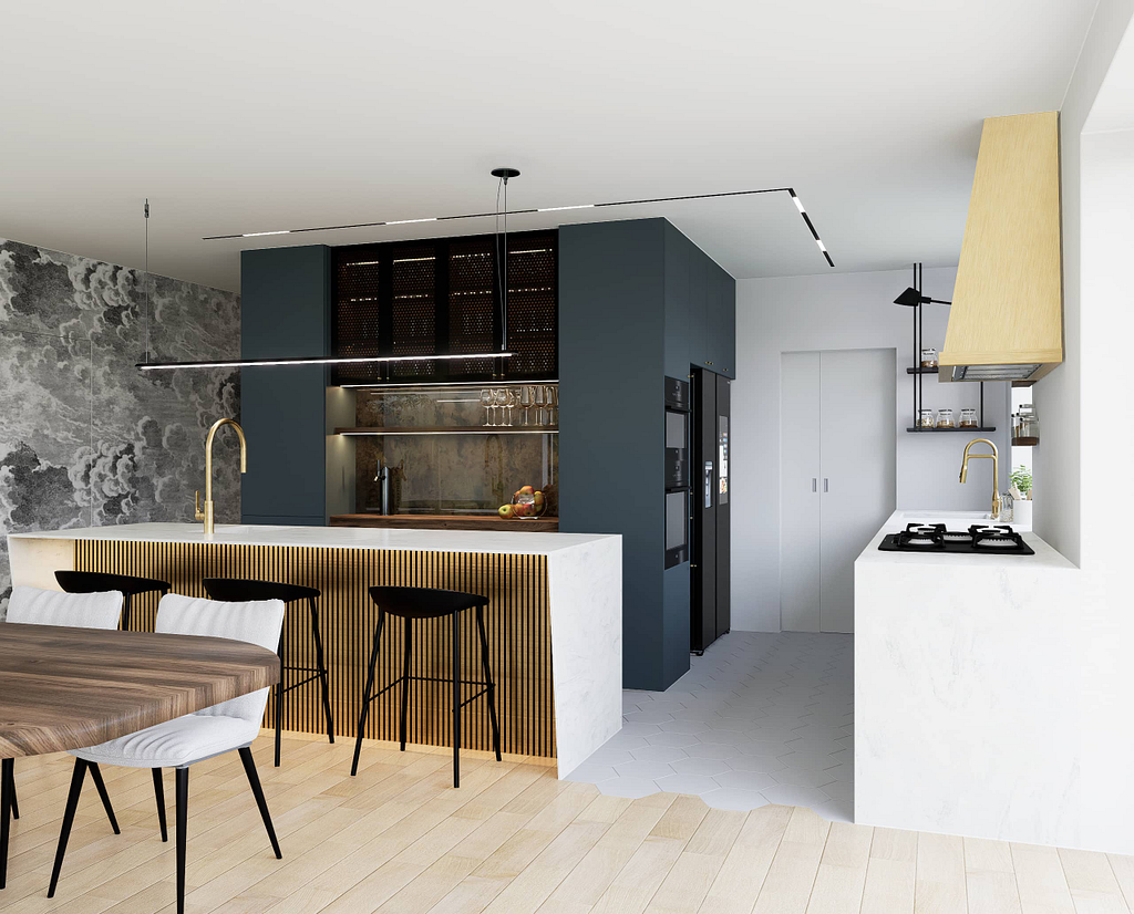 moderni odvazna a netradicni kuchyn, antic mirror, abstraktni sterka, zlata digestor