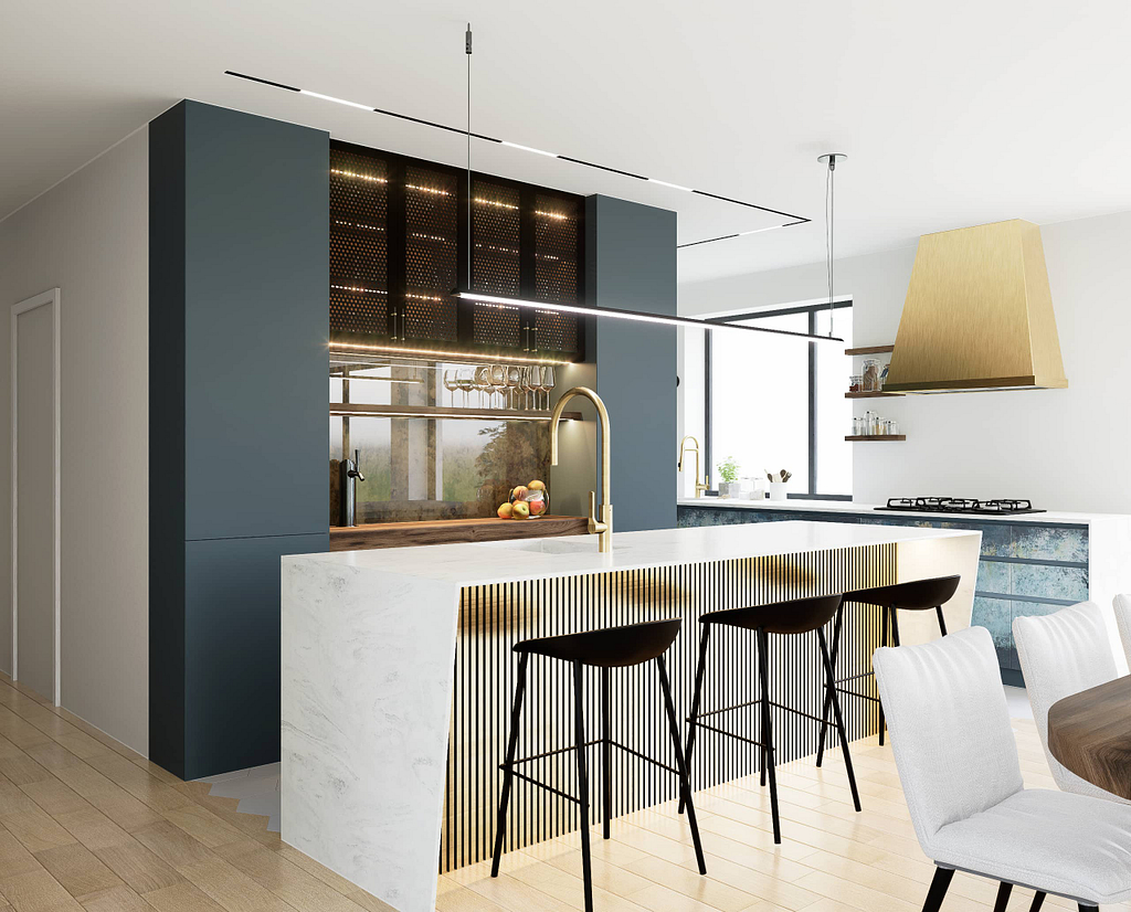 moderni odvazna a netradicni kuchyn, antic mirror, abstraktni sterka, zlata digestor