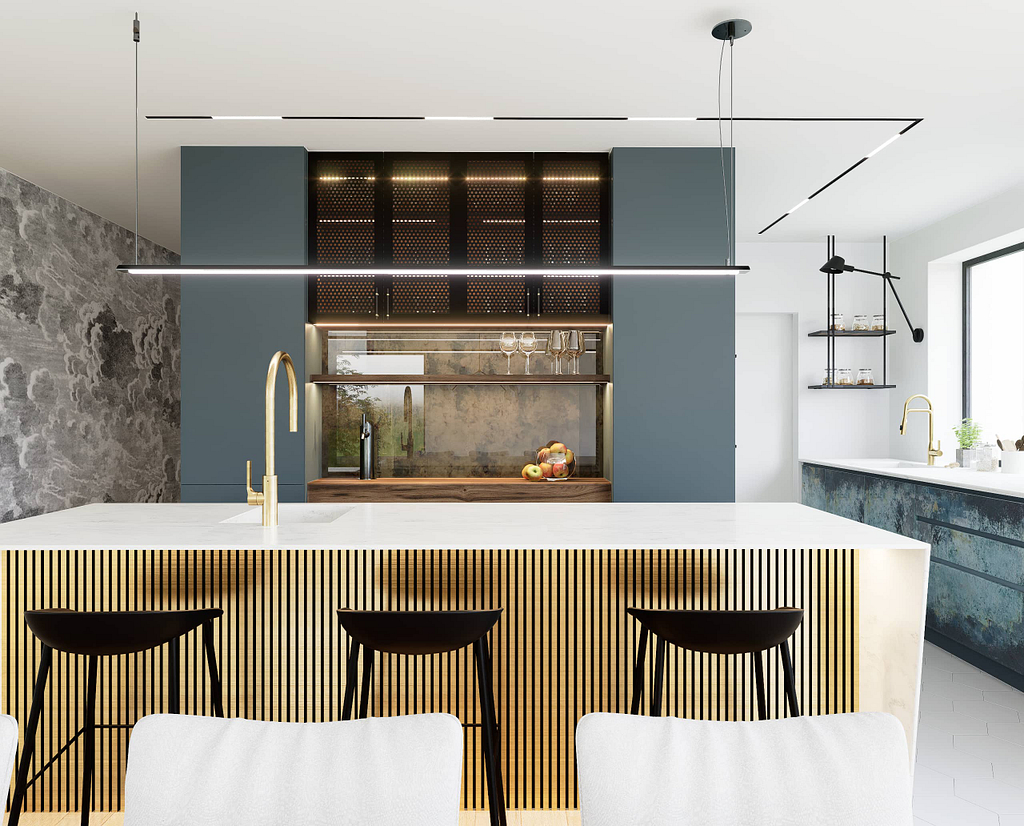 moderni odvazna a netradicni kuchyn, antic mirror, abstraktni sterka, zlata digestor