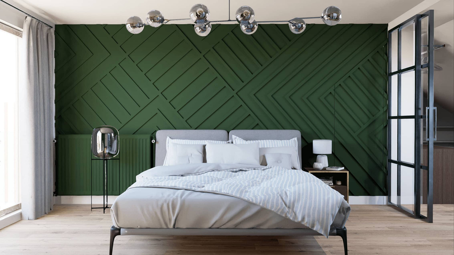 moderní ložnice v podkroví s 3D stěnou a velkým množstvím úložního prostoru