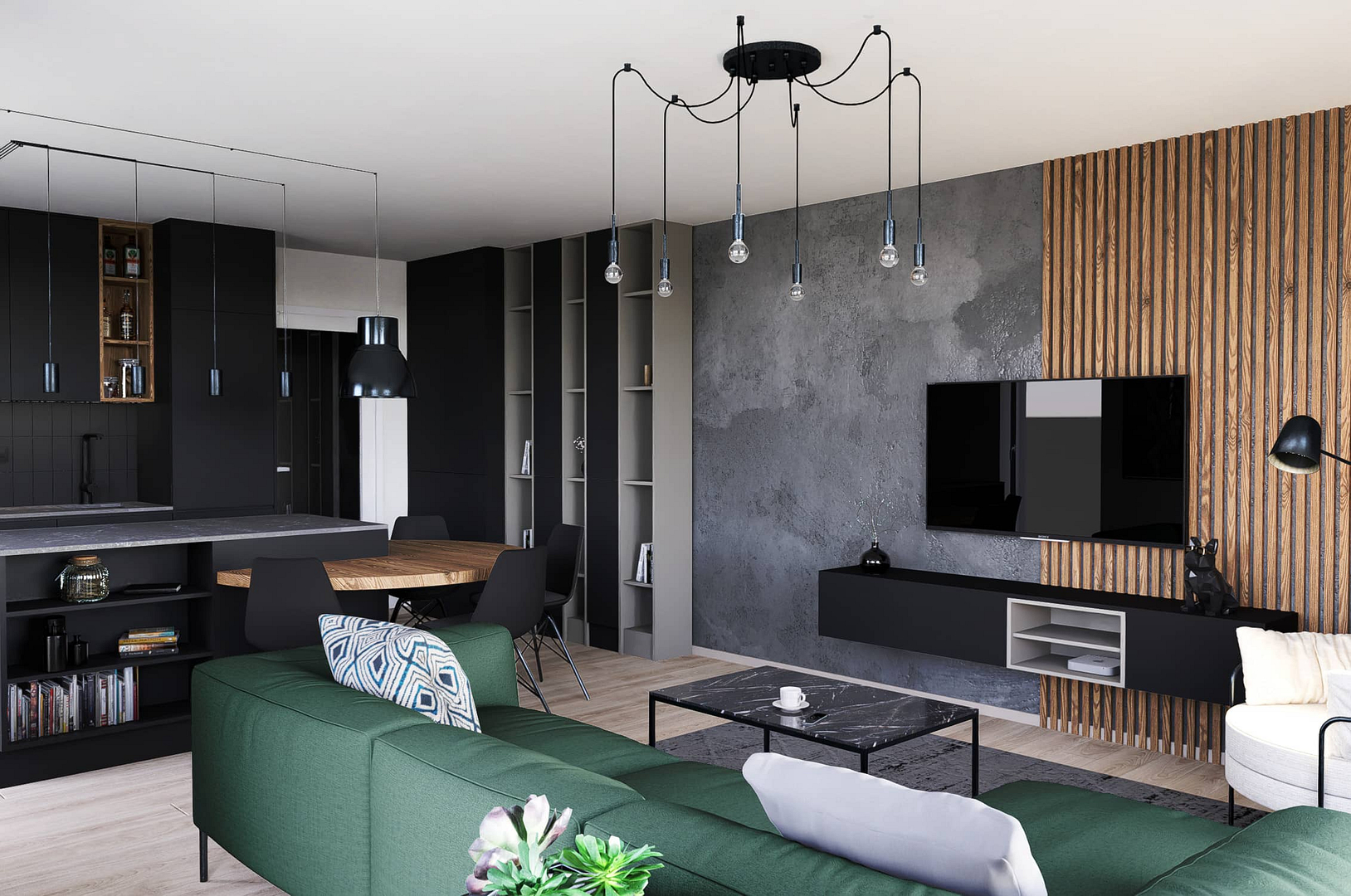 pánský byt, obývací pokoj s černou kuchyní s betonovou stěrkou, zelená pohovka, Ing. arch. Ivana Volková, Architektiv,