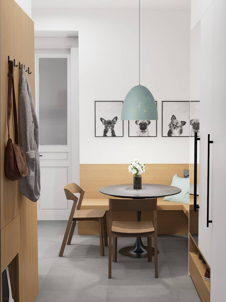 moderní světle zelený byt, světle zelená kuchyň s jídelnou