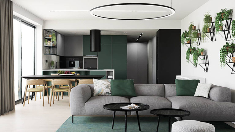 interiér rodinného domu, zelená kuchyň do U s barem, návrh kuchyně do rodinného domu pro mladou rodinu, Ing. arch. Ivana Volková, Architektiv, jak interiér působí na naši psychiku