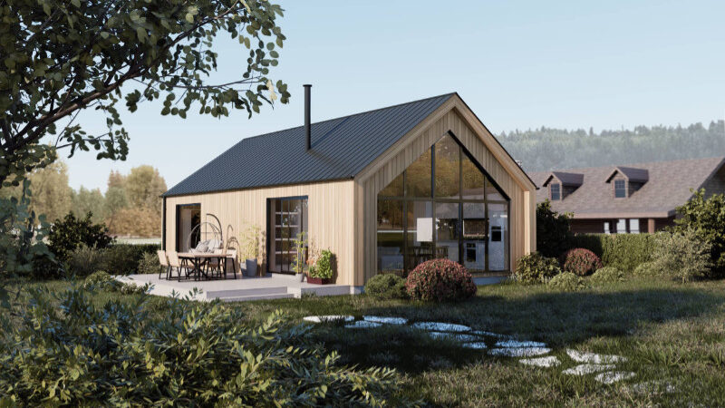 architektonický návrh, víkendová chata, rodinný dům, dřevěná fasáda, architektonická studie, vizualizace exteriéru, architektura, architektonická studie, víkendový dům s výhledem do krajiny na Rovensku