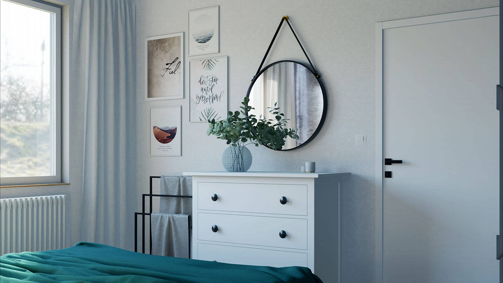 světlá moderní ložnice s bílou komodou