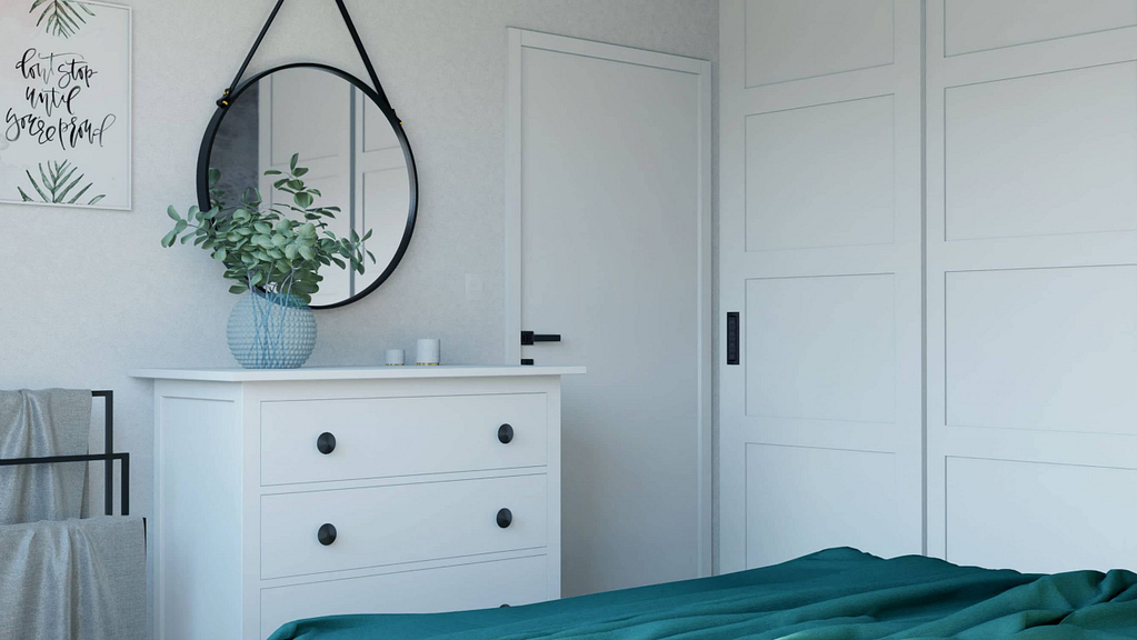 světlá moderní ložnice s bílou komodou