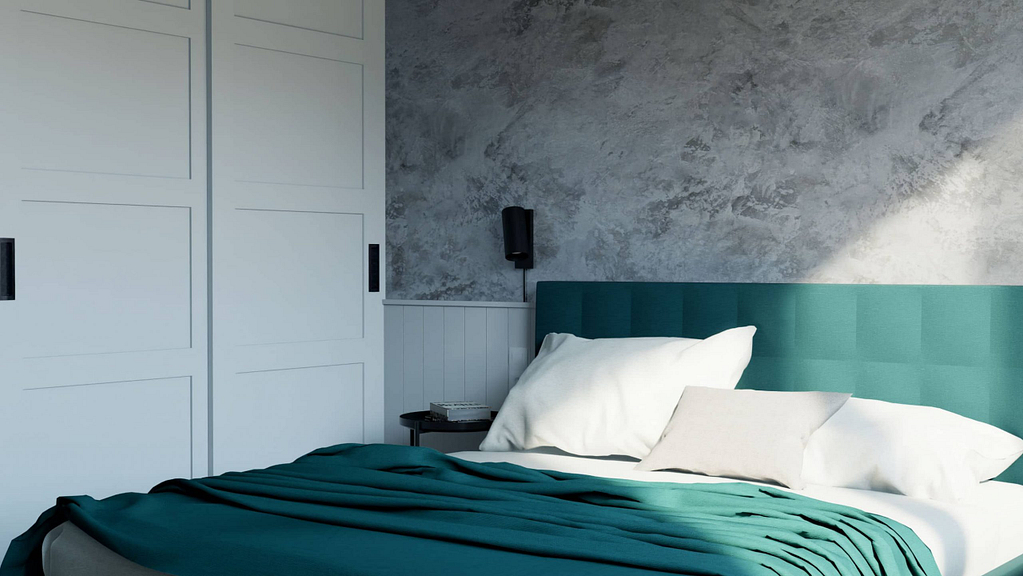 moderní ložnice s betonovou stěrkou na stěně
