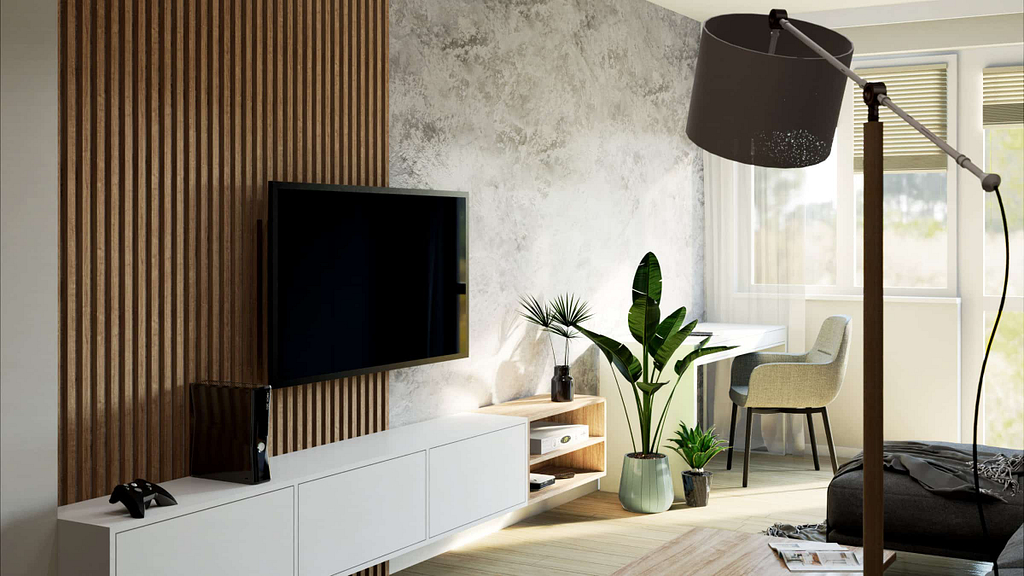 úzký obývací pokoj v panelovém domě, betonová stěrka, dřevěné lamely