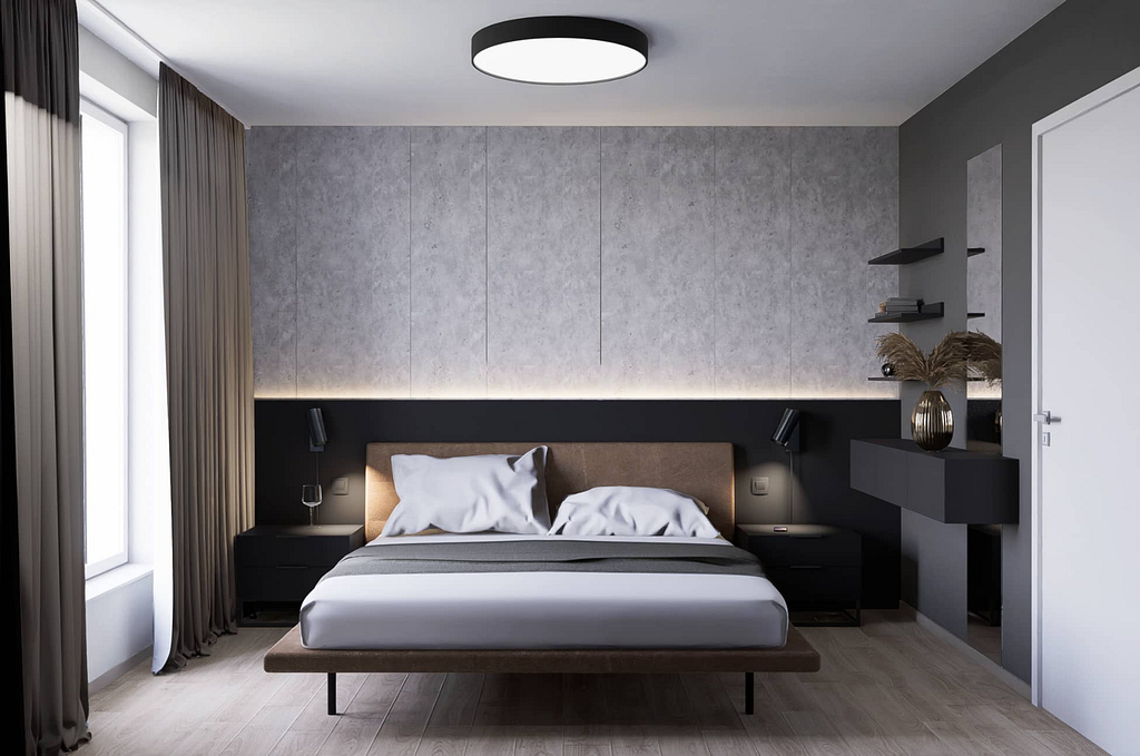 moderní ložnice s černým čelem a stěrkou
