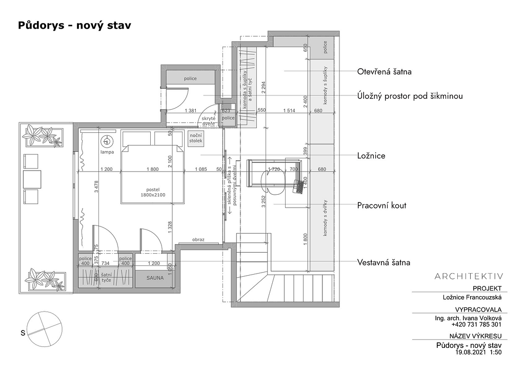 moderní ložnice v podkroví s 3D stěnou a velkým množstvím úložního prostoru, návrh interiéru: funkční dispozice včetně rozvržení nábytku