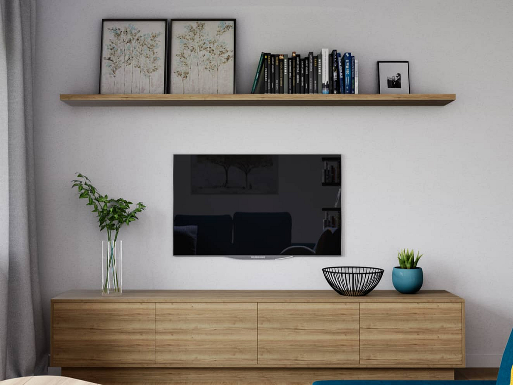 obývací pokoj se skříňkou v dřevodekoru a policí