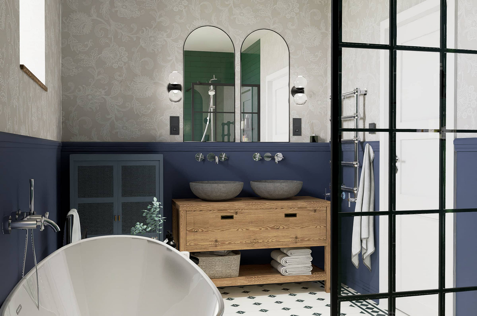 koupelna v anglickem stylu s umyvadly na desce a tepetami na stene